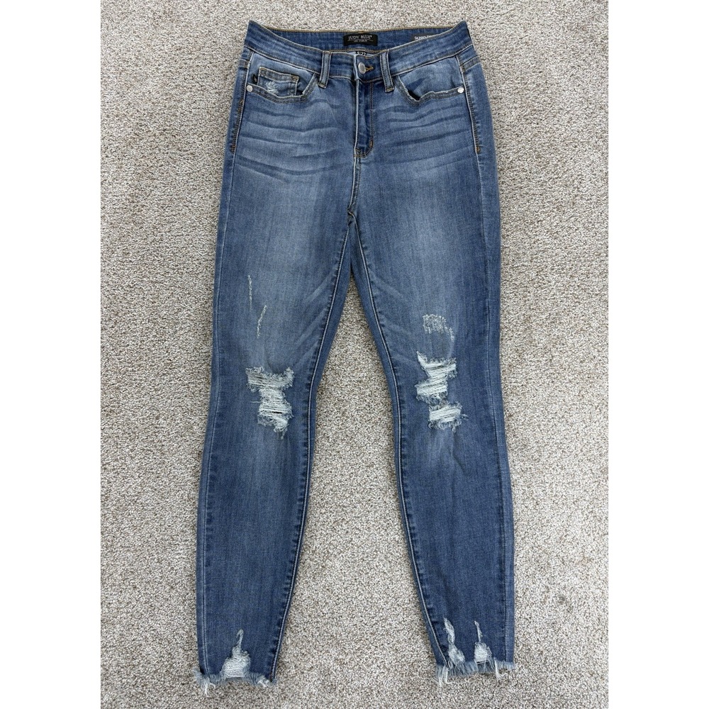 Judy Blue Skinny Fit High Waist Jean Size 5/27 Blue Distressed Wash w/Chewed Hem